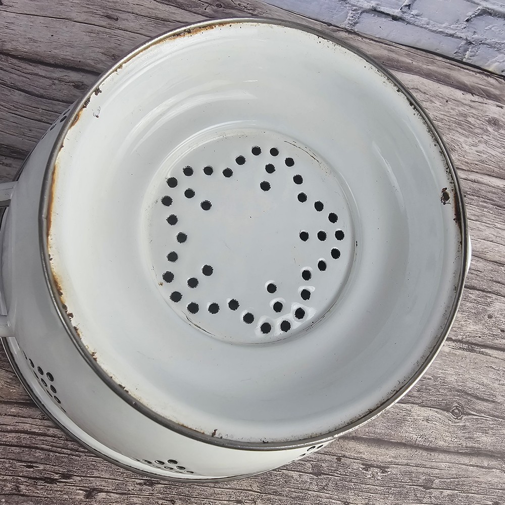White Enamel Colander 10" Metal Strainer Silver Trim