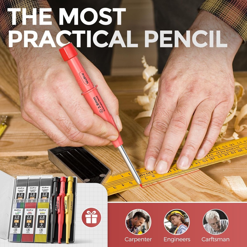 Nicpro 3 Pack CP3000 Carpenter Pencils with Sharpener, 57 Refills