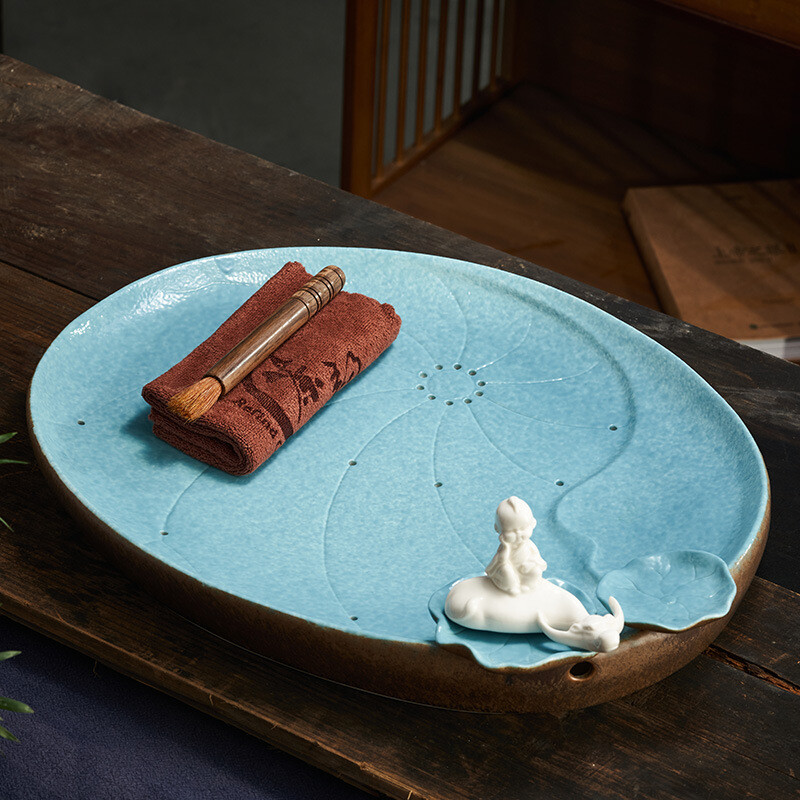 Ceramic Tea Tray Water Reservoir & Draining Function Tea Plate Lotus Design New