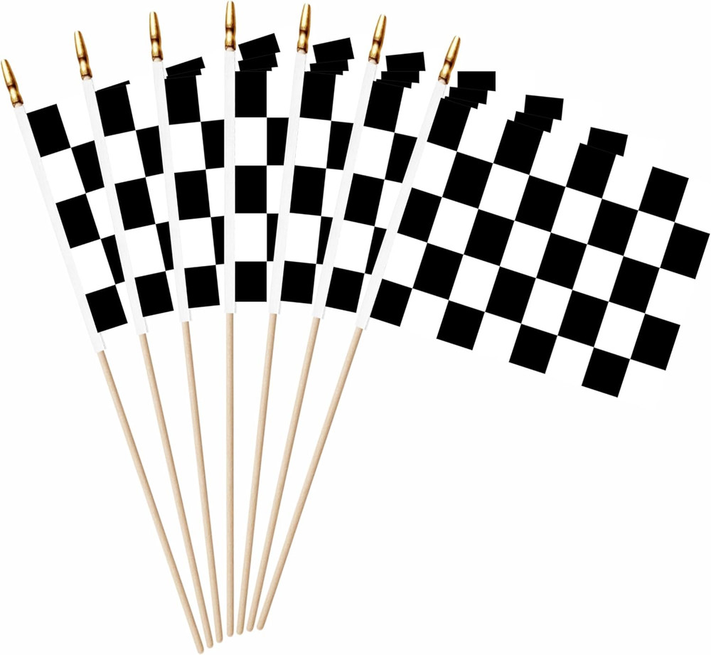 20 Pack Checkered Black and White Racing Mini Stick Flags Small Miniature Han...