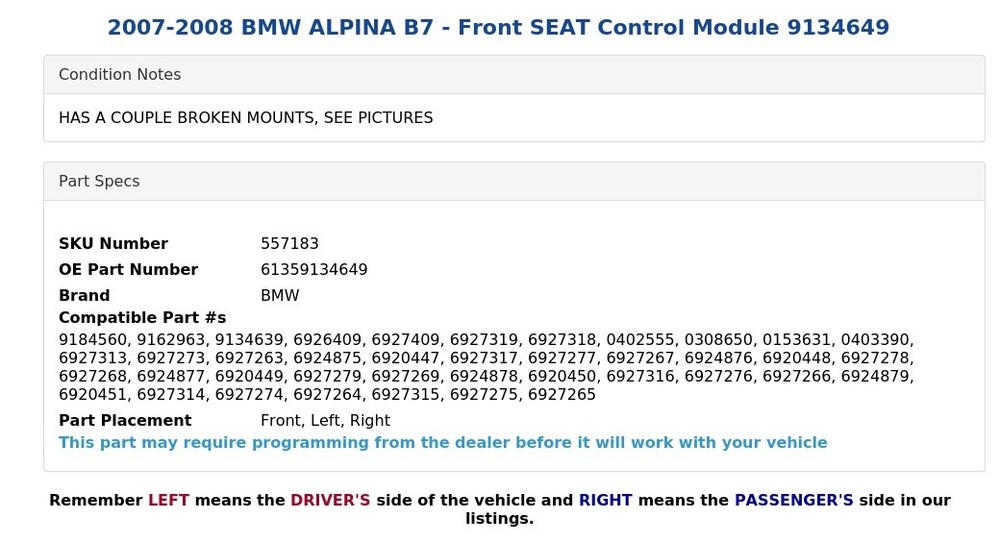 2007-2008 BMW ALPINA B7 - Front SEAT Control Module 9134649