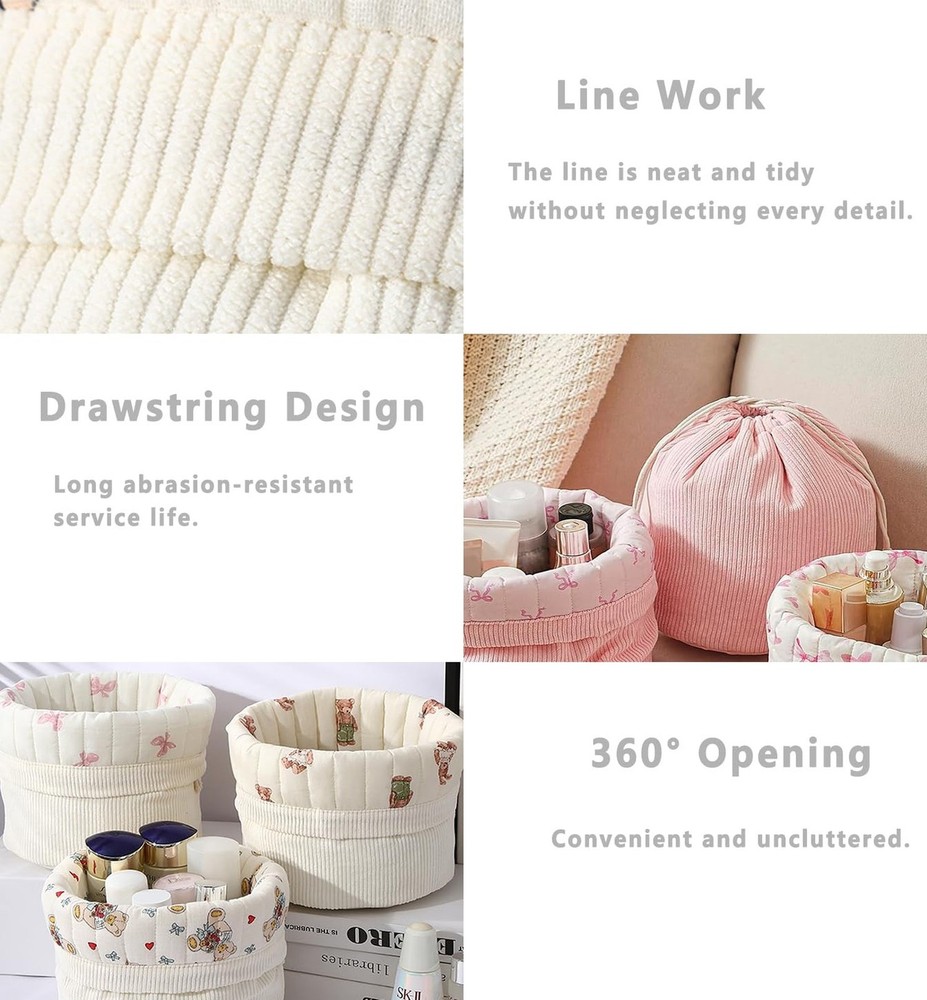 Aesthetic Quilted Cotton Drawstring Makeup Bag with Corduroy Lining，Coque
