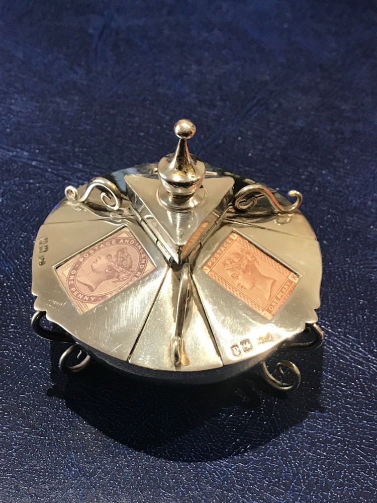 1899 SOLID SILVER STAMP BOX ROUND 3 COMPARTMENTS RARE EX SPINK "BLUE EYES"