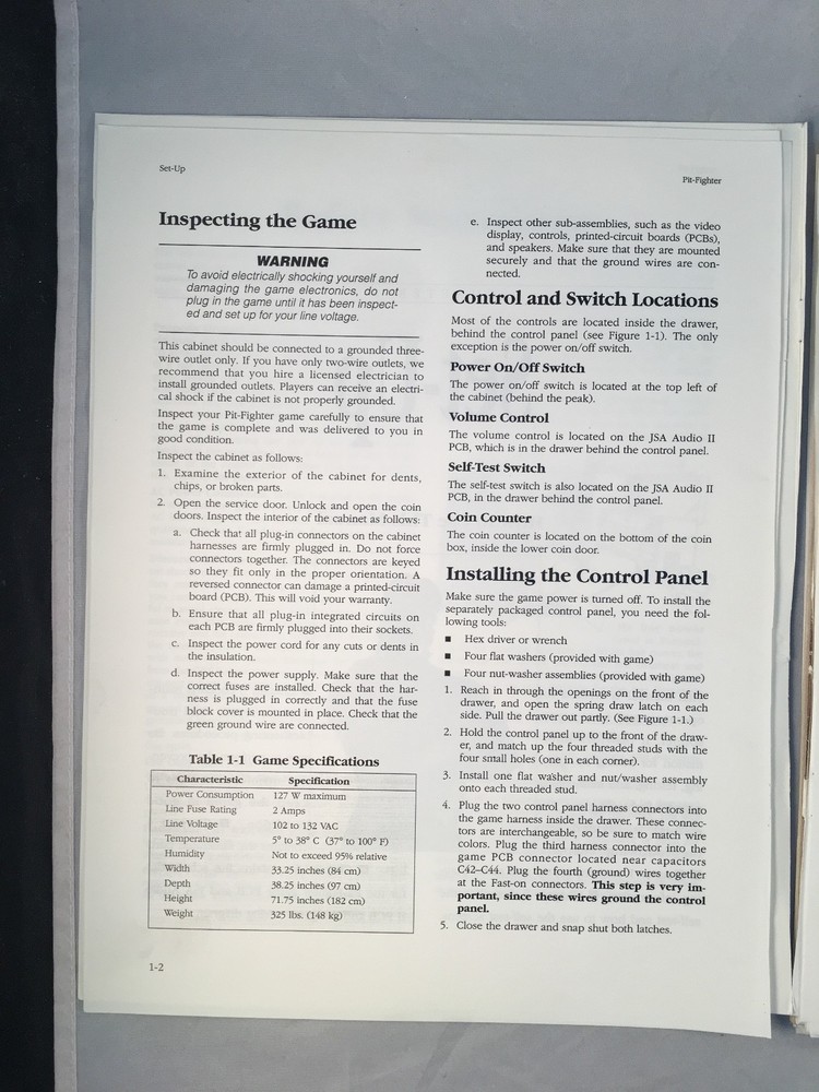 Pit-Fighter Atari Arcade - Owners manual w/ Schematics