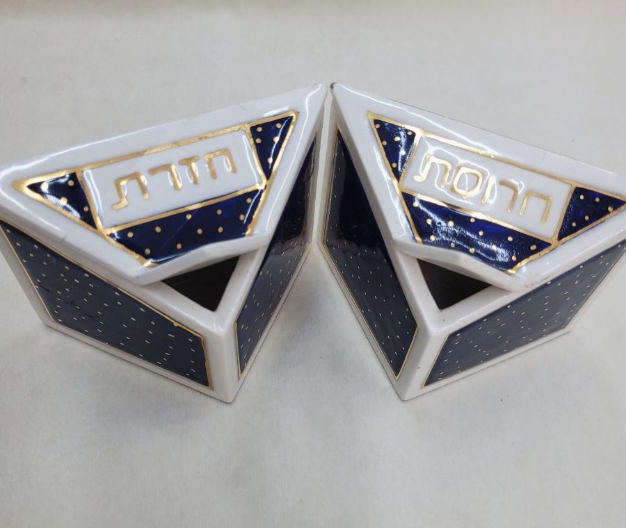 Two Passover blue Hazeret Haroset dishes ceramic triangle shape handmade by Orr