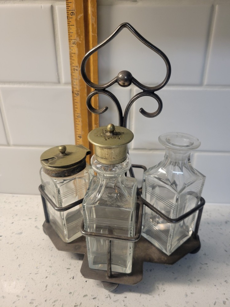 antique silver-plated cruet set,missing 1 stopper and 1 bottle