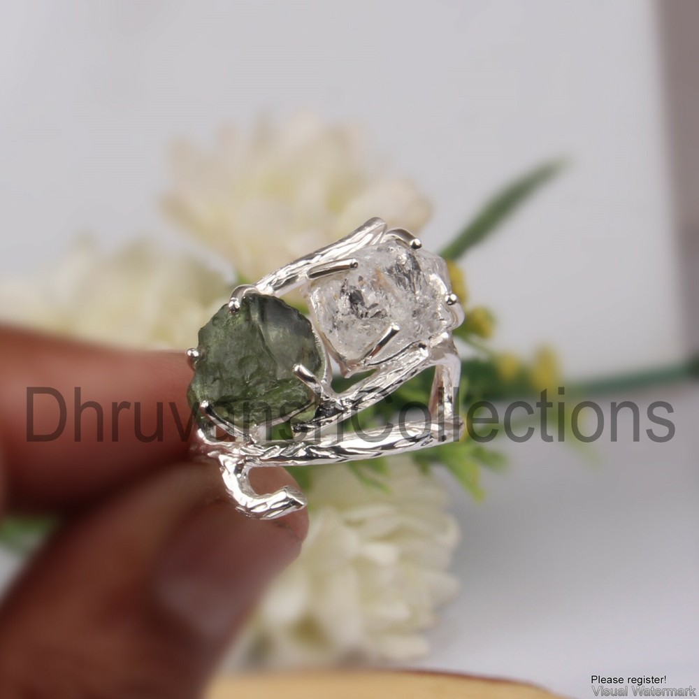 Raw Authentic Czech MOLDAVITE Ring 925 Sterling Silver Handmade Branch Ring