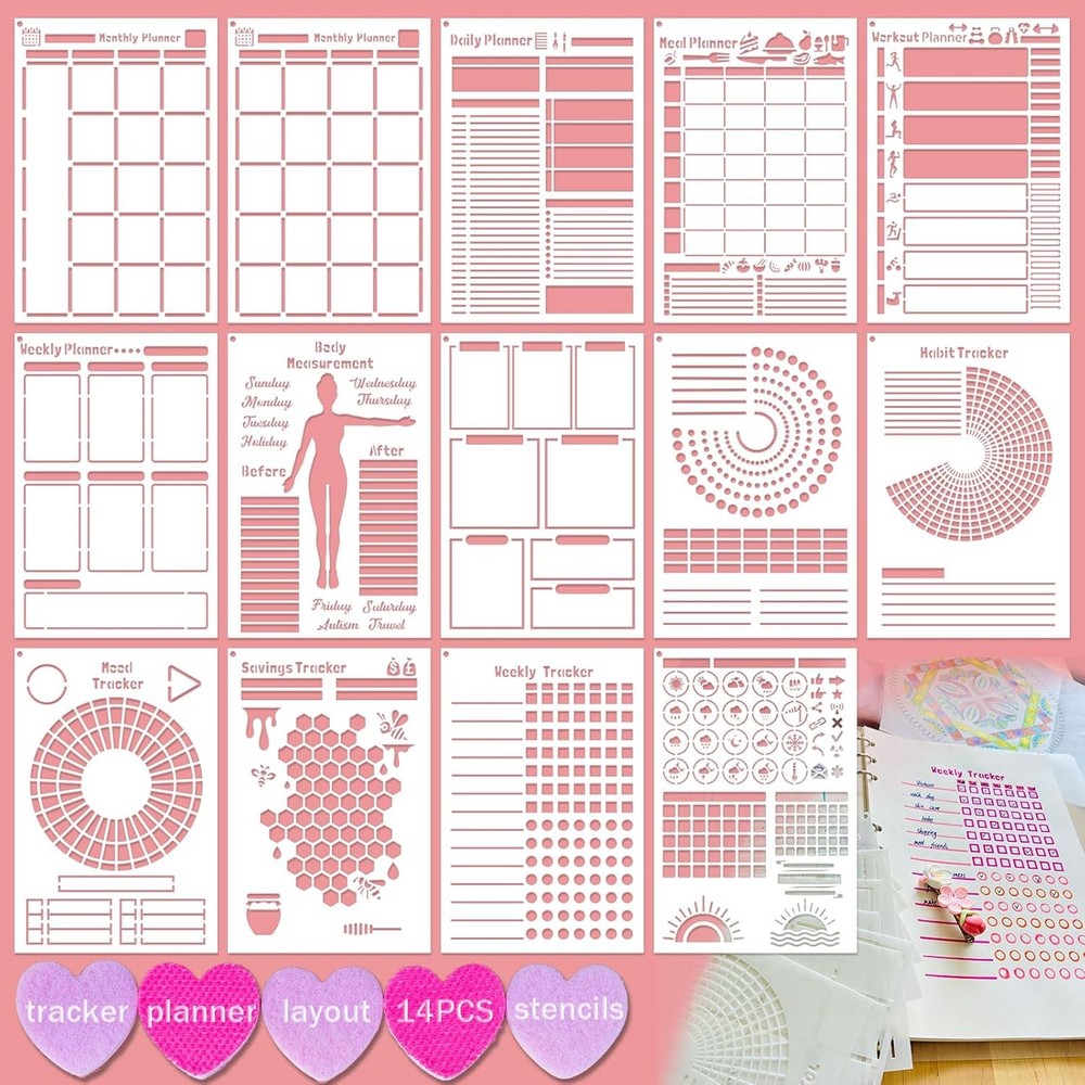 14 PCS A5 Plastic Reusable Multi-functional Tracker & Planner Stencils for...