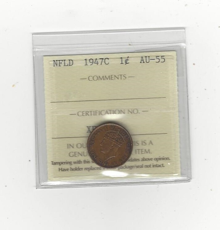 1947c  ICCS Graded, Newfoundland Small One Cent, **AU-55**
