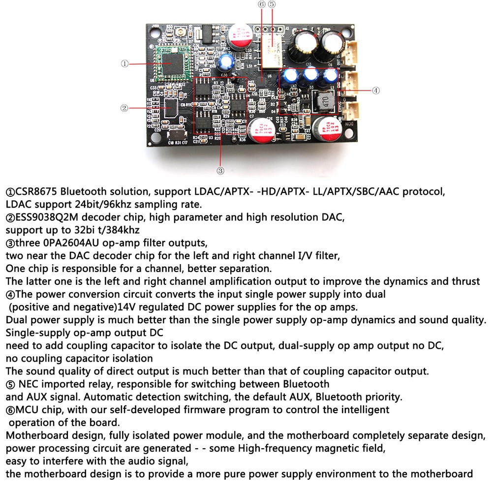 1pc ESS9038+QCC5125 Bluetooth-5.1 Audiophile DecoderBoard Support APTX-HD/LDAC