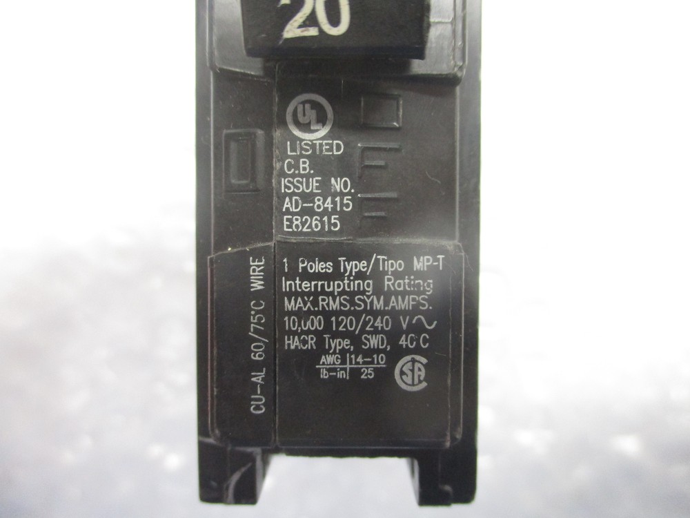 SIEMENS MP120 BREAKER 1POLE 20AMP UNMP