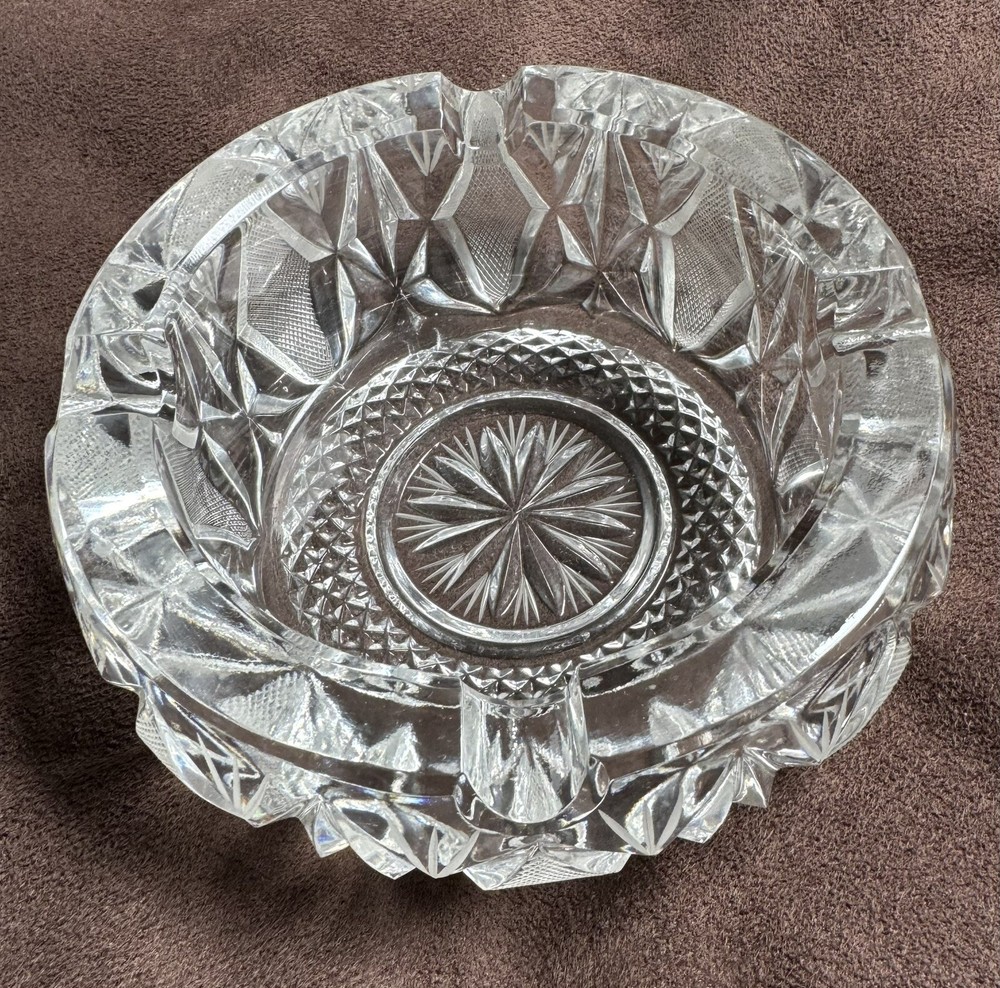 vintage crystal ashtray heavy 6”