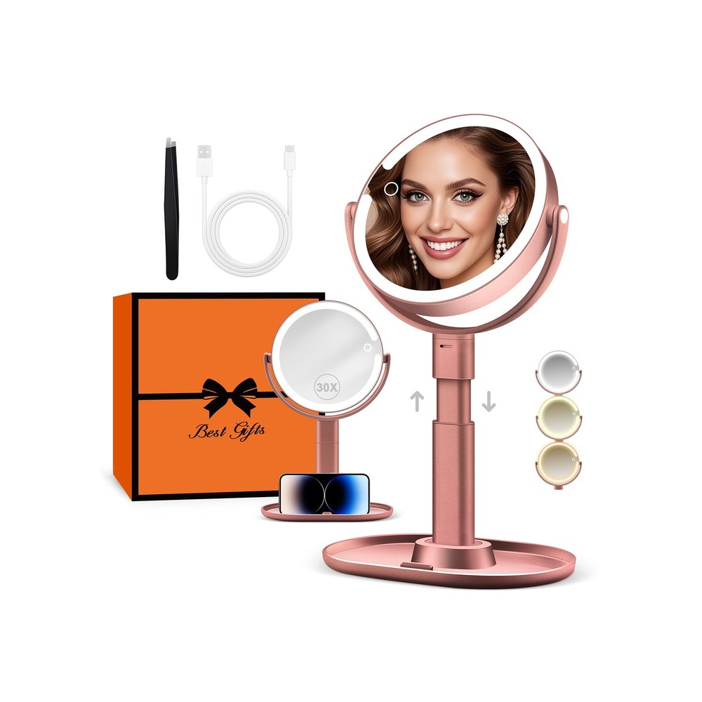 Makeup Mirror Lights Lighted Magnifying 30X Adjustable Brightness 2Sided Rose