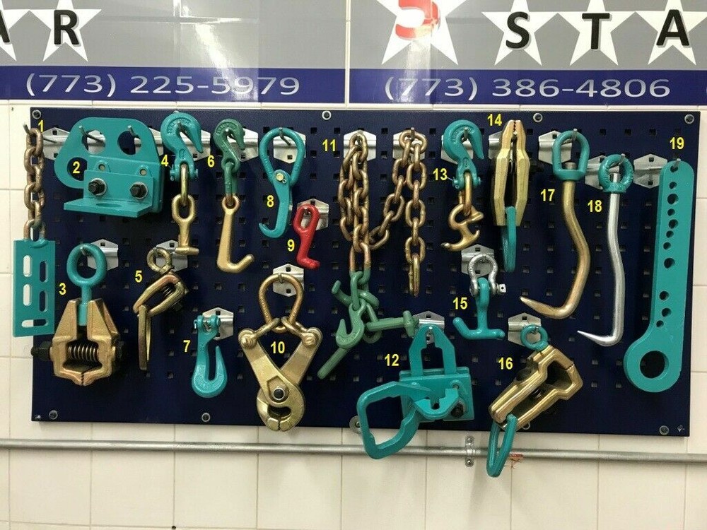 19 PIECE CLAMPS AND TOOL SET PLUS 6 PULLING CHAINS