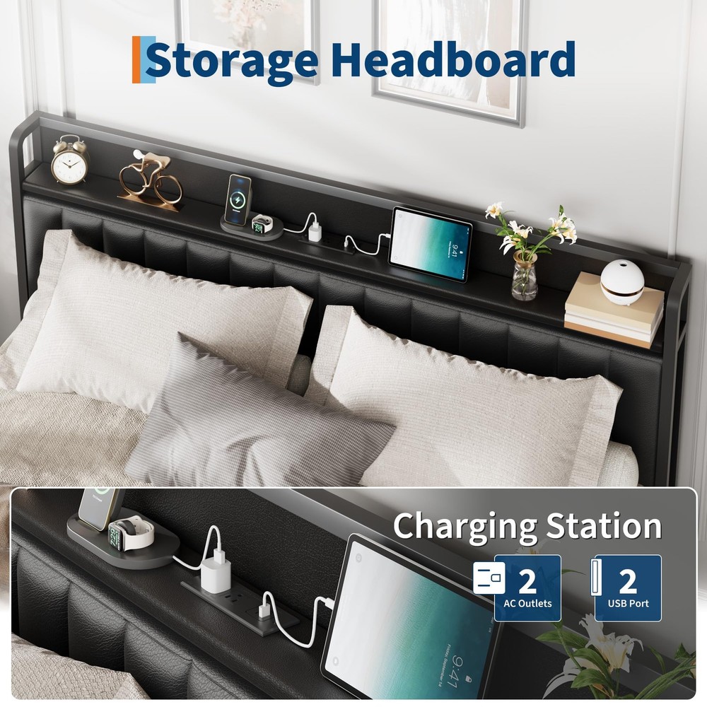 Platform Bed Frame King Upholstered with 12" Underbed Storage Charging Station
