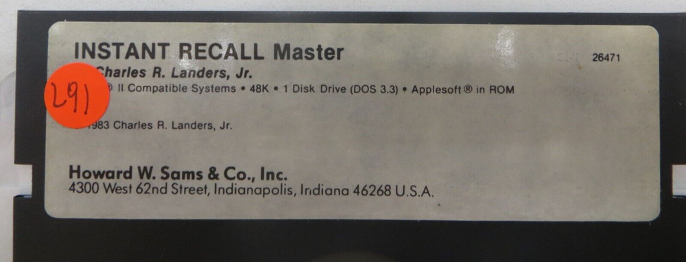 INSTANT RECALL Master / Data 5.25" Floppy Disk 1983 DOS 3.3 Applesoft -