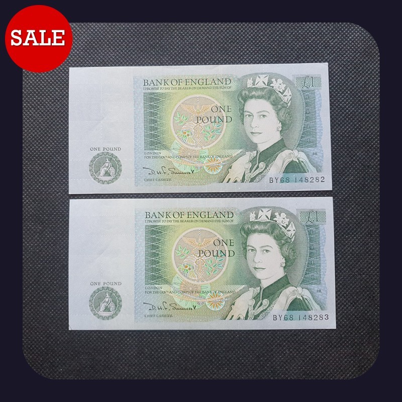 [BANKNOTES] CONSECUTIVE NOTES BY68 148282 - 283 £1 Note DHF Somerset