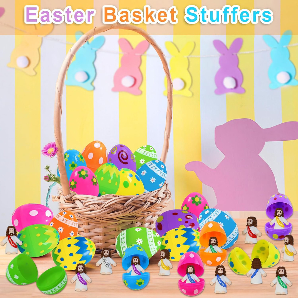 24 Pcs Filled Easter Eggs with Little Jesus Figures inside Mini Toys Easter Gift