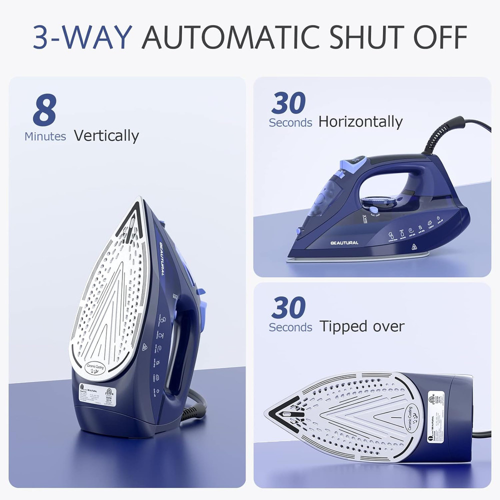 Steam Iron Ceramic Soleplate Fast Heat Auto Shut Off Variable Temp