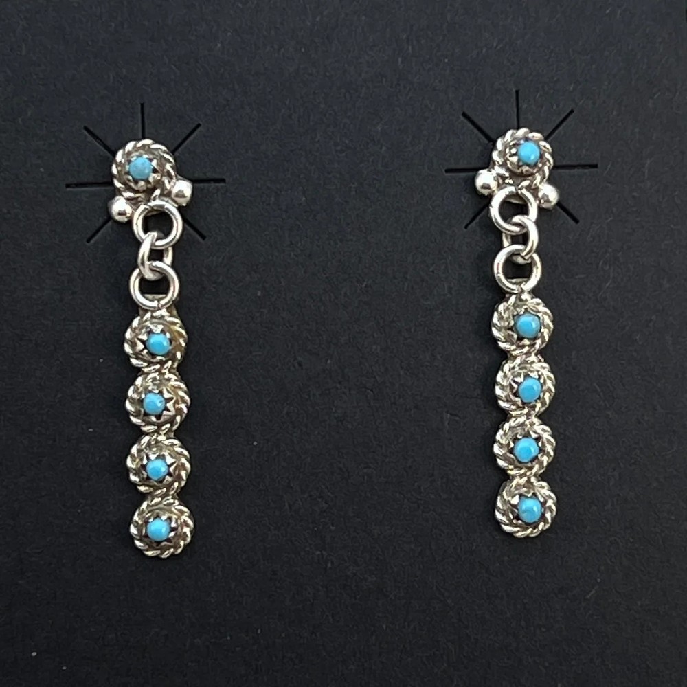 Zuni Turquoise Snake Eye Tiny Dot bar dangle earrings sterling silver Bernadett