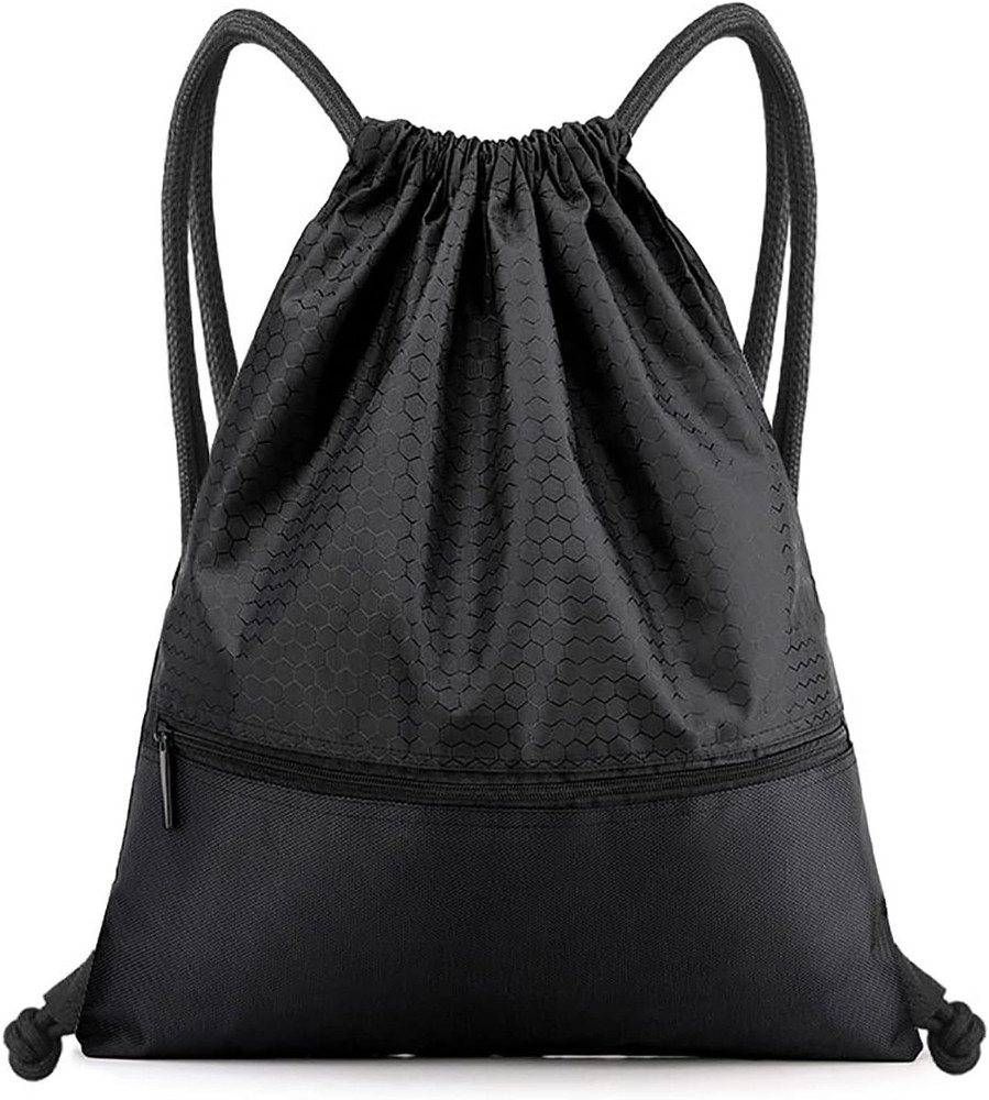 Drawstring Backpack Bag, Waterproof Draw String Back Sack with Zip Pocket, Gym D