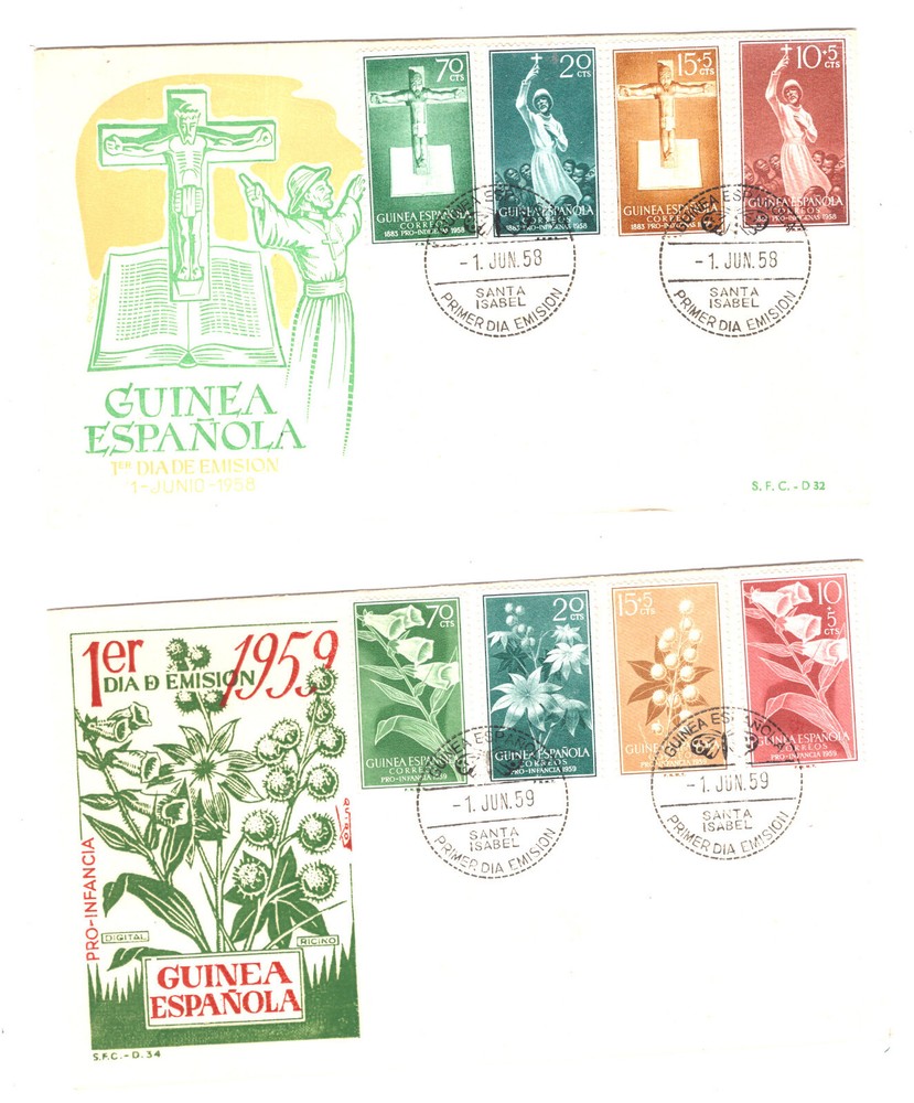 Spain    Guinea   2  cachet  first  day  covers,  one flowers