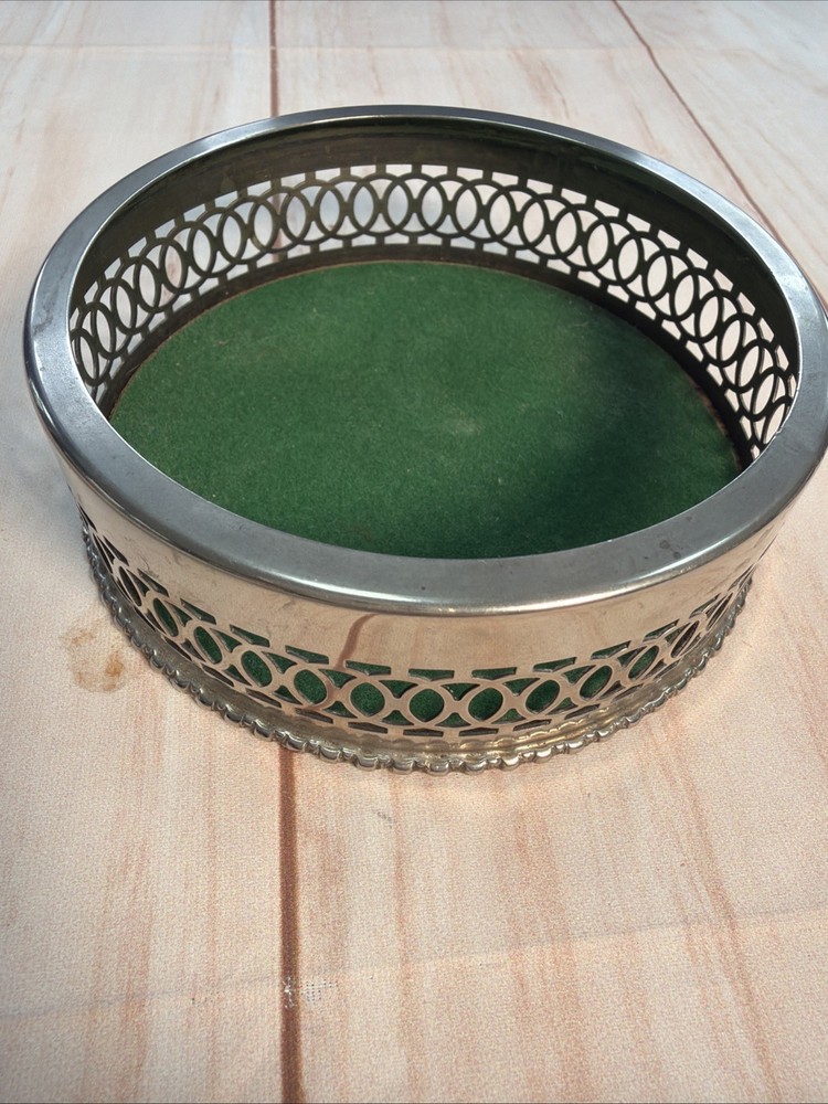 vintage silver tone wine coaster with felt bottom