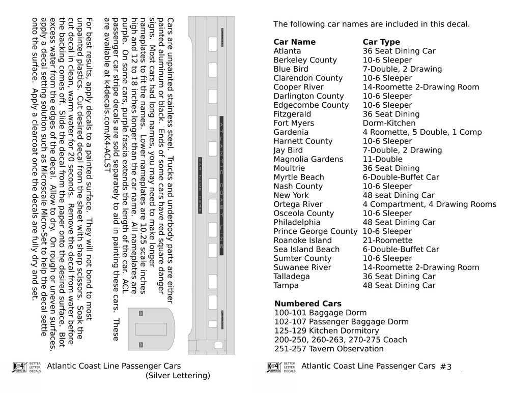 K4 N Scale Decals Atlantic Coast Line Streamlined Passenger Car Silver#3