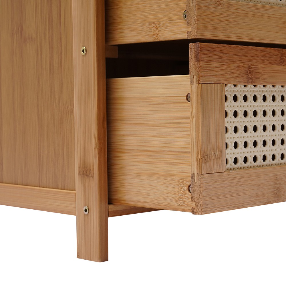 Nightstand with Drawers, Mid-Century Modern Bamboo Accent Sofa Side Table