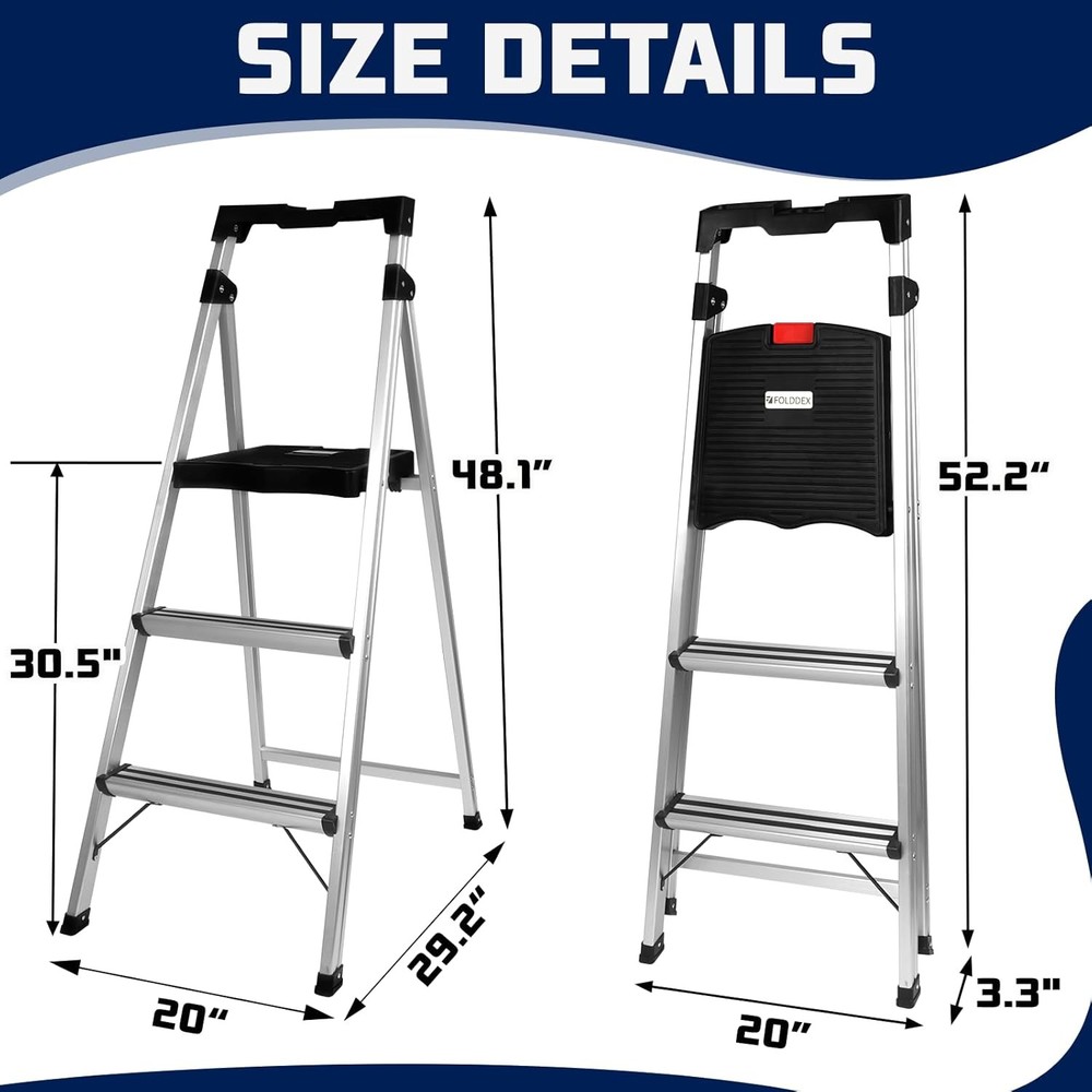 3 Step Ladder Folding Stool, 7.4 Lbs Aluminum 3-Step, Sliver