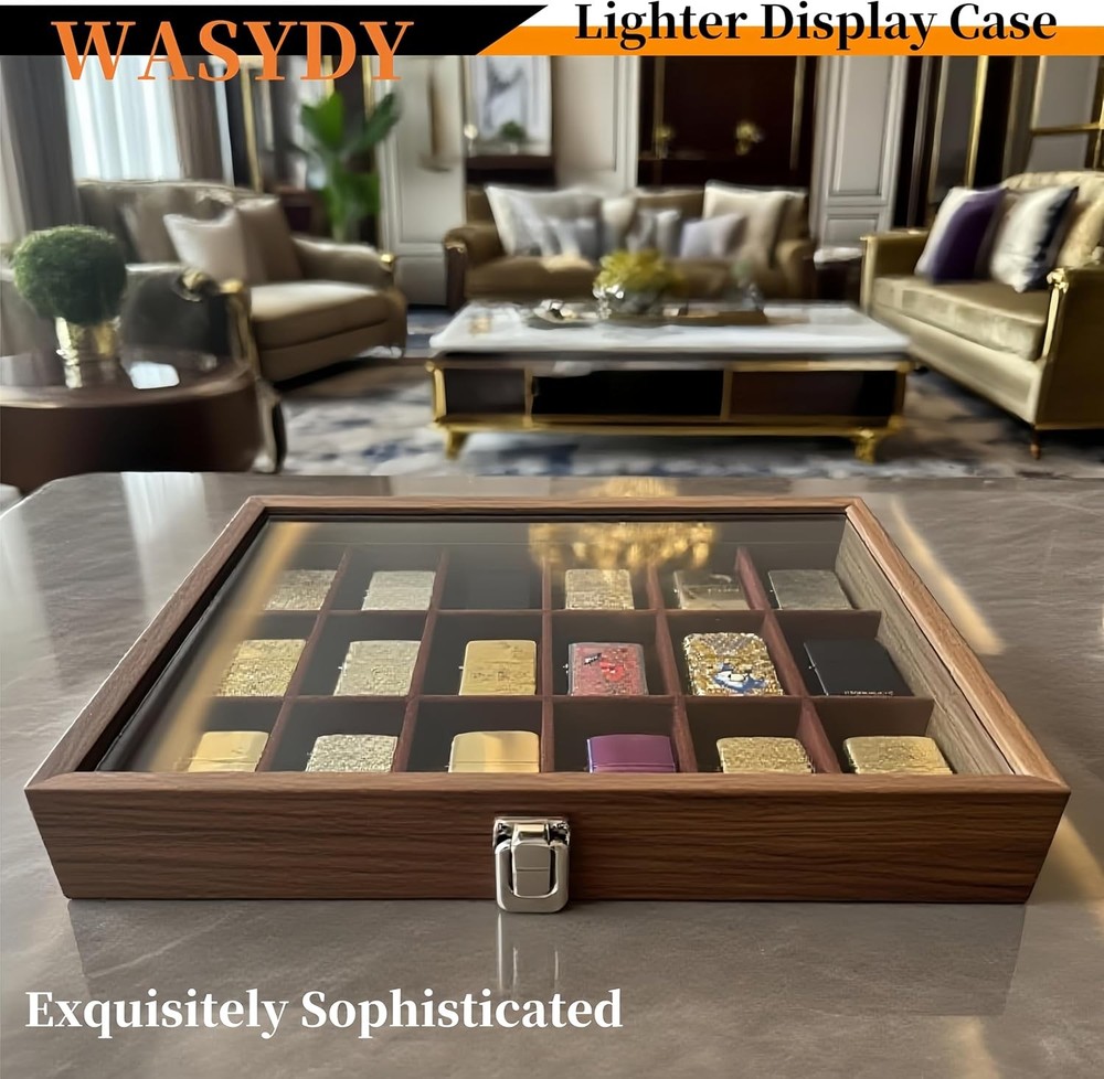 Zippo Lighter Display Case，Zippo Lighter Case With Glass Top&Lock,18 Capacity