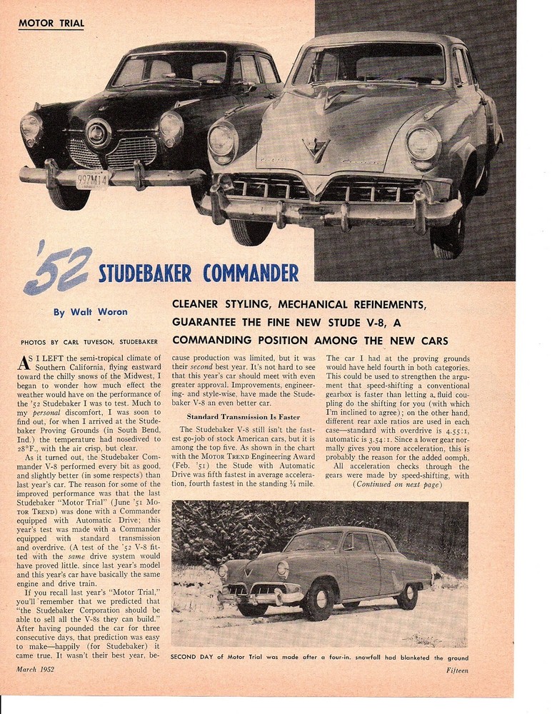 1952 STUDEBAKER COMMANDER ~ ORIGINAL 4-PAGE ROAD TEST / ARTICLE / AD