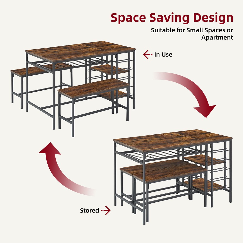 3 Piece Kitchen Dining Table Set for 4 with 2 Benches＆Wine Rack Rustic Brown