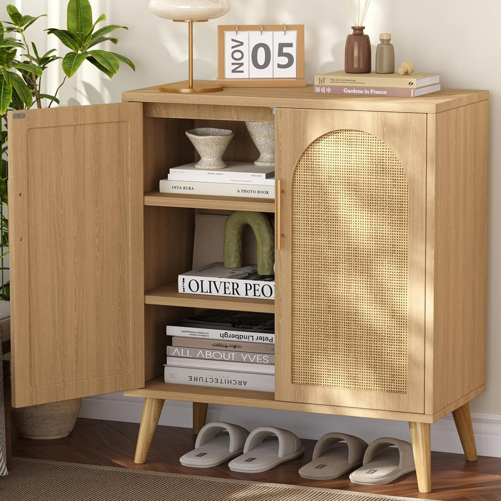Keehusux Rattan Buffet Cabinet with Storage, Boho Buffet Table with Adjustable S