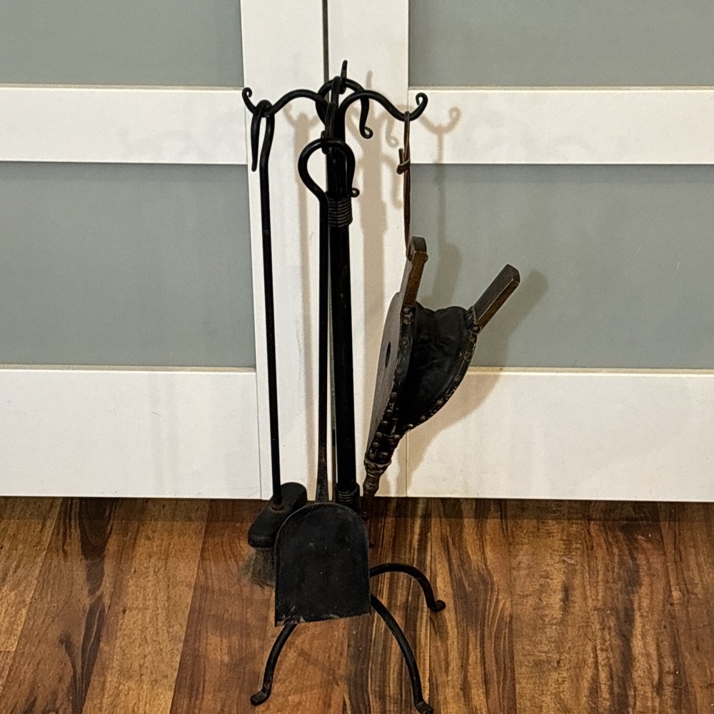Vintage Fireplace Rustic Heavy Duty Compact Wrought Iron Tools Set w/ Bellow