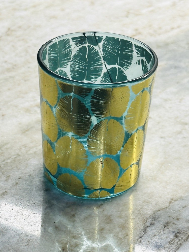 Candle Holder - Tea Light Blue & Golden Leaf Pattern 3.76 Inches Tall