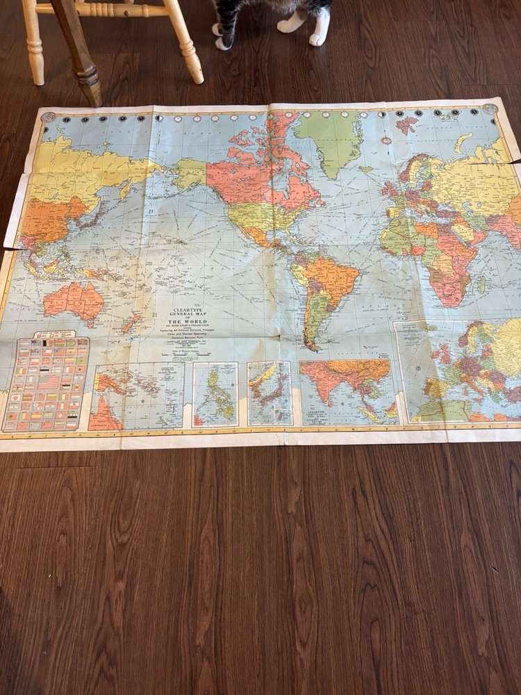 WWII Era World Map 1940s Vintage School Map Mercator Projection Original B4