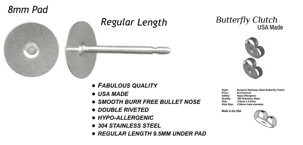 Earstuds: 200 x 8mm USA Studs - Butterfly Clutch