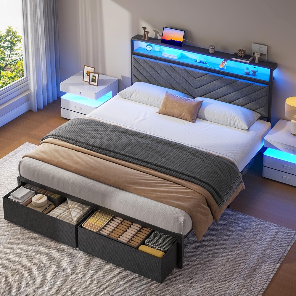 Queen Bed Frame with 2 Drawers, Upholstered Headboard with Storage and Chargi...