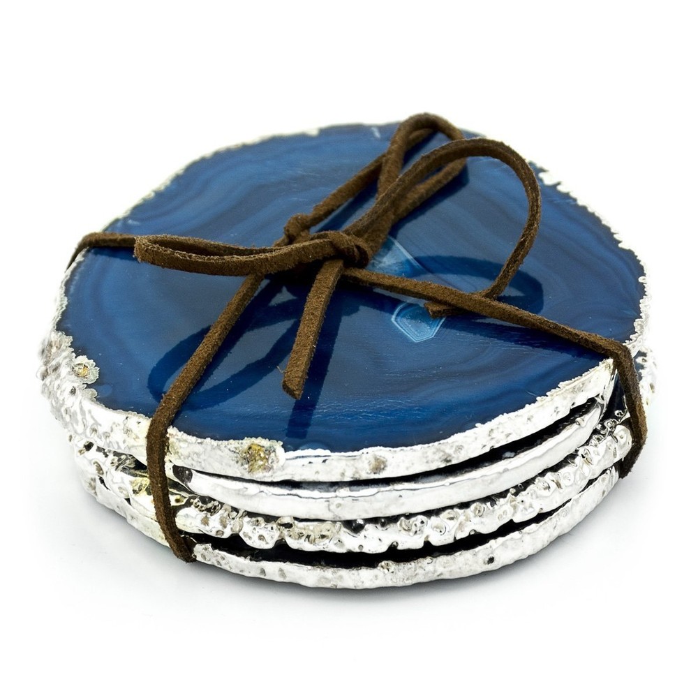 JIC Gem Silver Plated Dyed Blue Agate Coasters, 6 pcs Set, 3-4", with Rubber ...