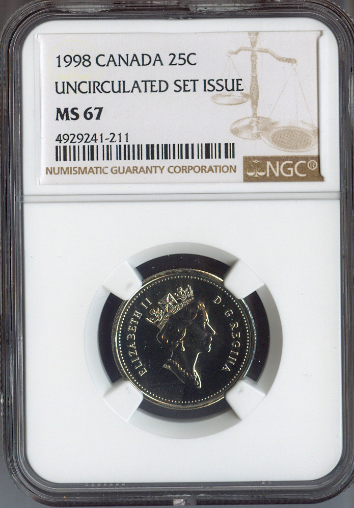 1998 Canada 25 Cents NGC MS67 Quality