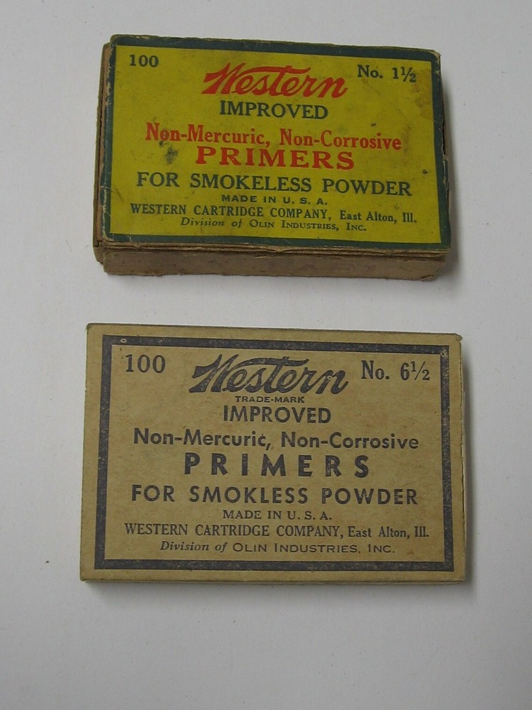 2- Olin Western Improved Non-Mercuric Primers Smokeless EMPTY Boxes + Inserts