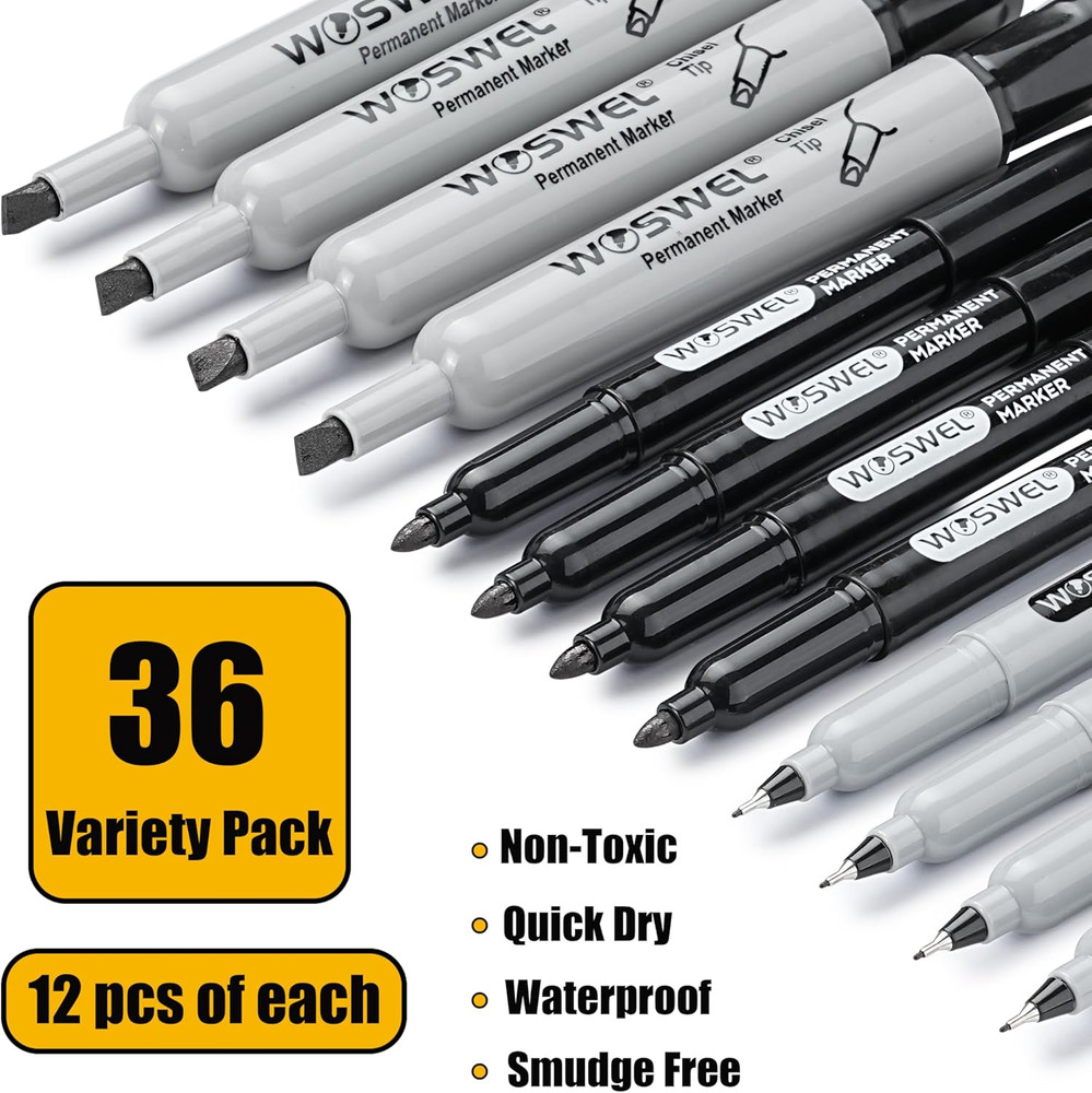 Permanent Markers 36 Variety Pack: Ultra-Fine, Chisel, Fine Tips