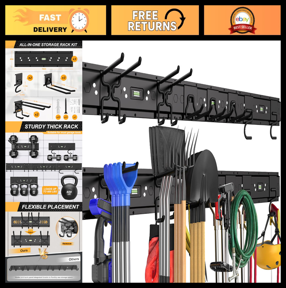 Adjustable Wall-Mounted Garage Tool Organizer - 48" Heavy Duty with 7 Hooks, Hol
