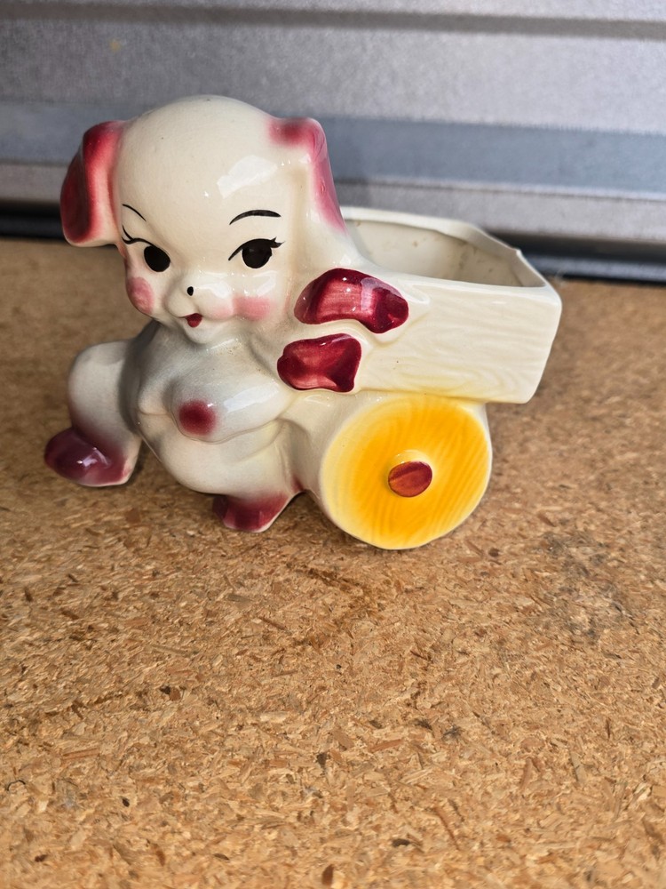 Vintage Pottery Planter Puppy Dog Pulling Cart Decor Ceramic