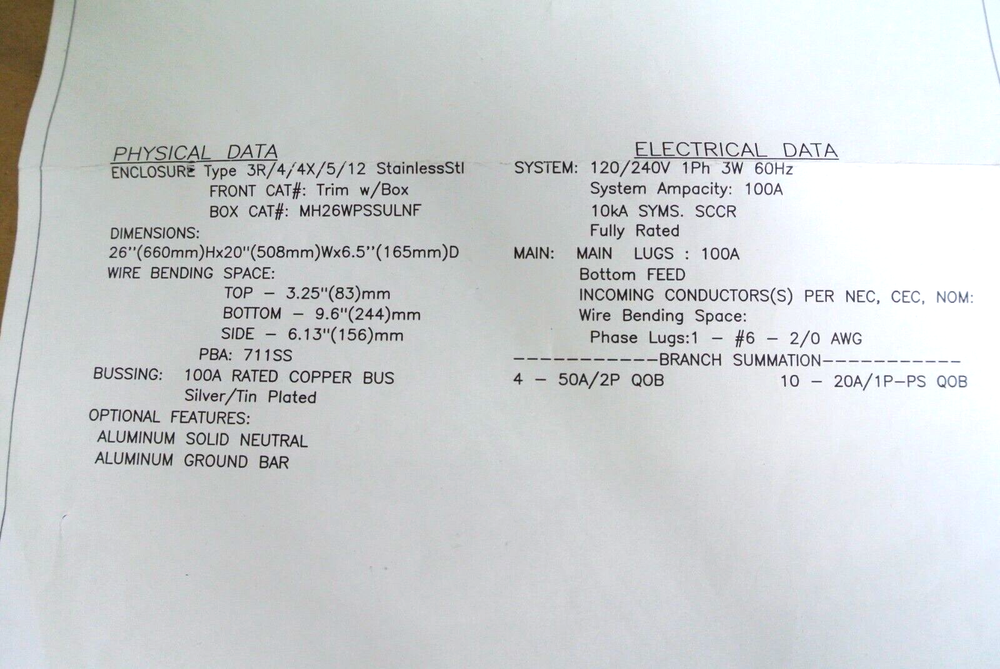 Square D Panel Box 120/240V 1Ph 3W 60Hz 100A