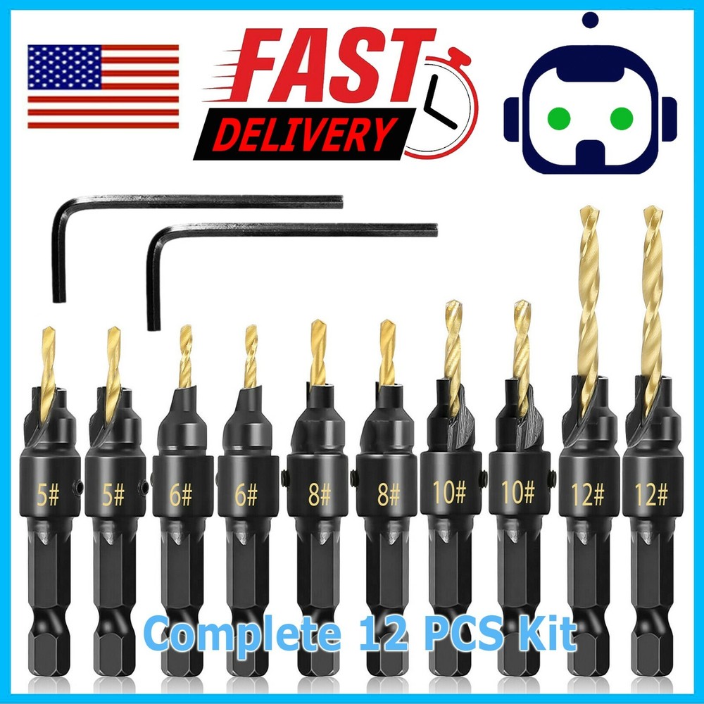12x HSS Countersink Drill Bit 1/4" Hex Shank Woodworking Pilot Screw Hole Set