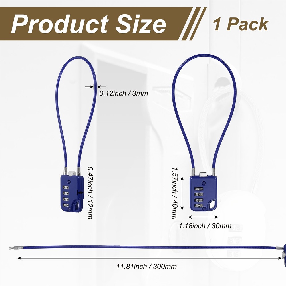 1-Pack Combination Padlock, 4 Digit 12 in Cable Luggage Lock [Blue]