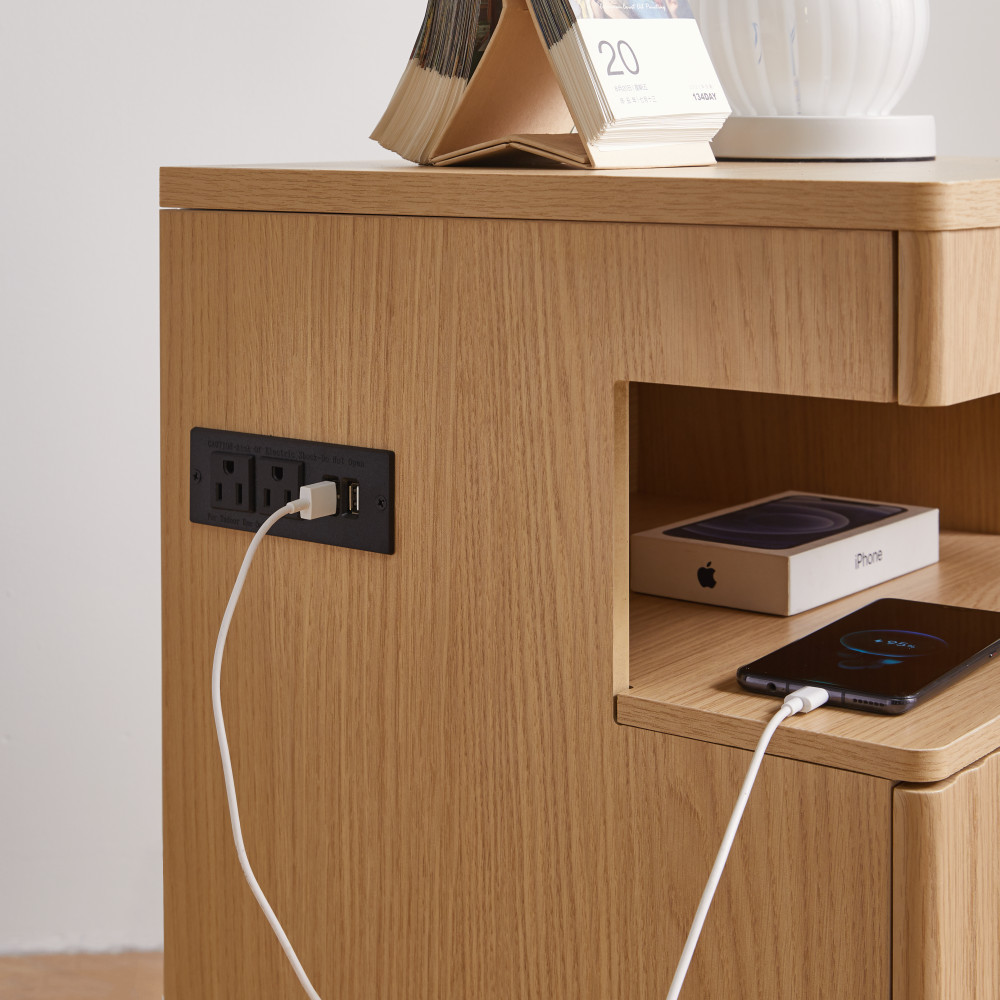 Modern Bedside Table with Gun Drawer,Bedside Table with Charging Station