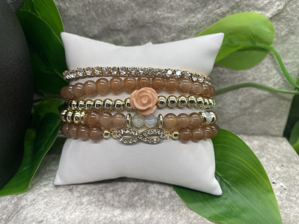 5 PC Handmade Boho Beaded Stackable 7” Plus Stretch Bracelet Set B2511